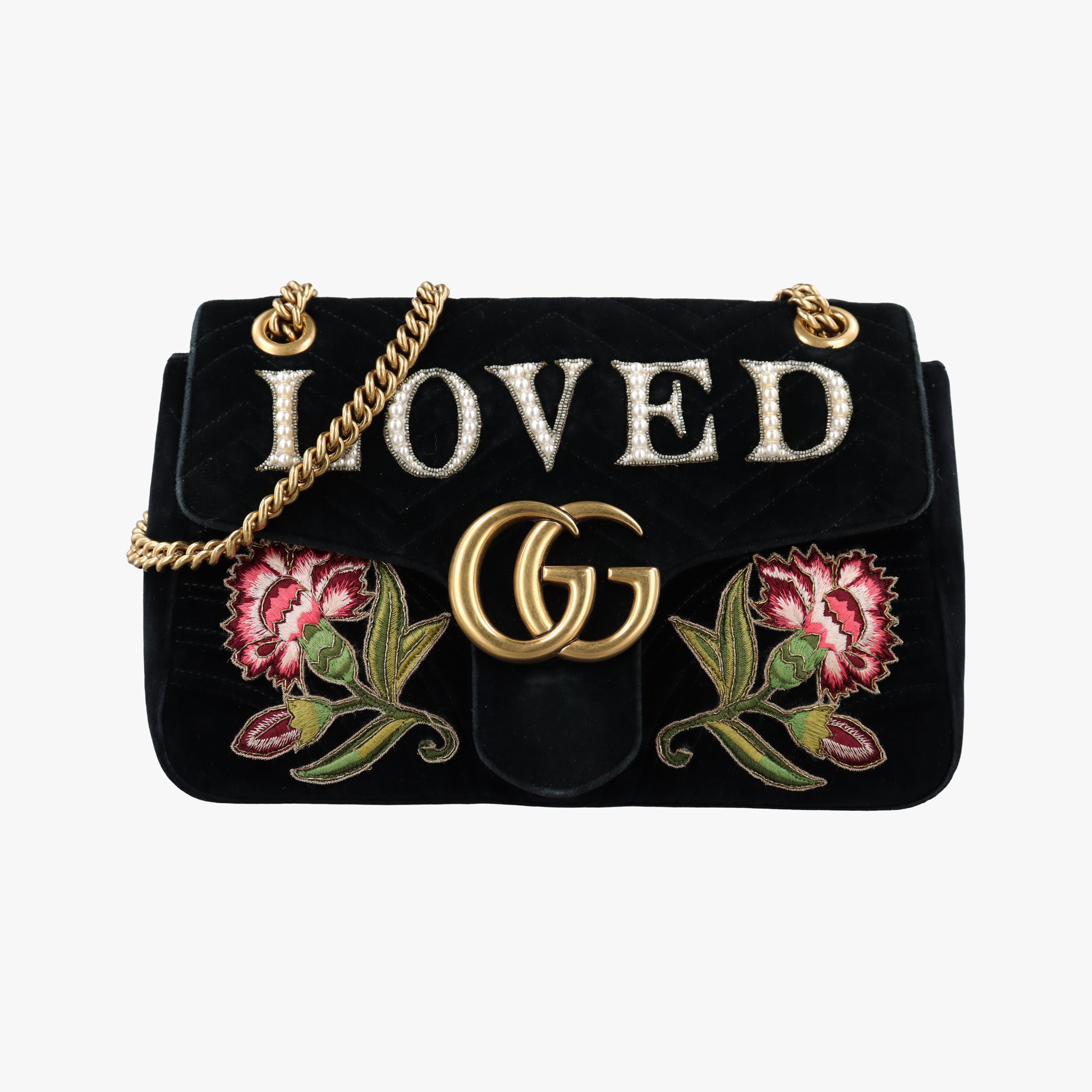 Pre-owned Gucci GG Marmont Black×Multicolour velour 443496 shoulderbag | stylenewstar