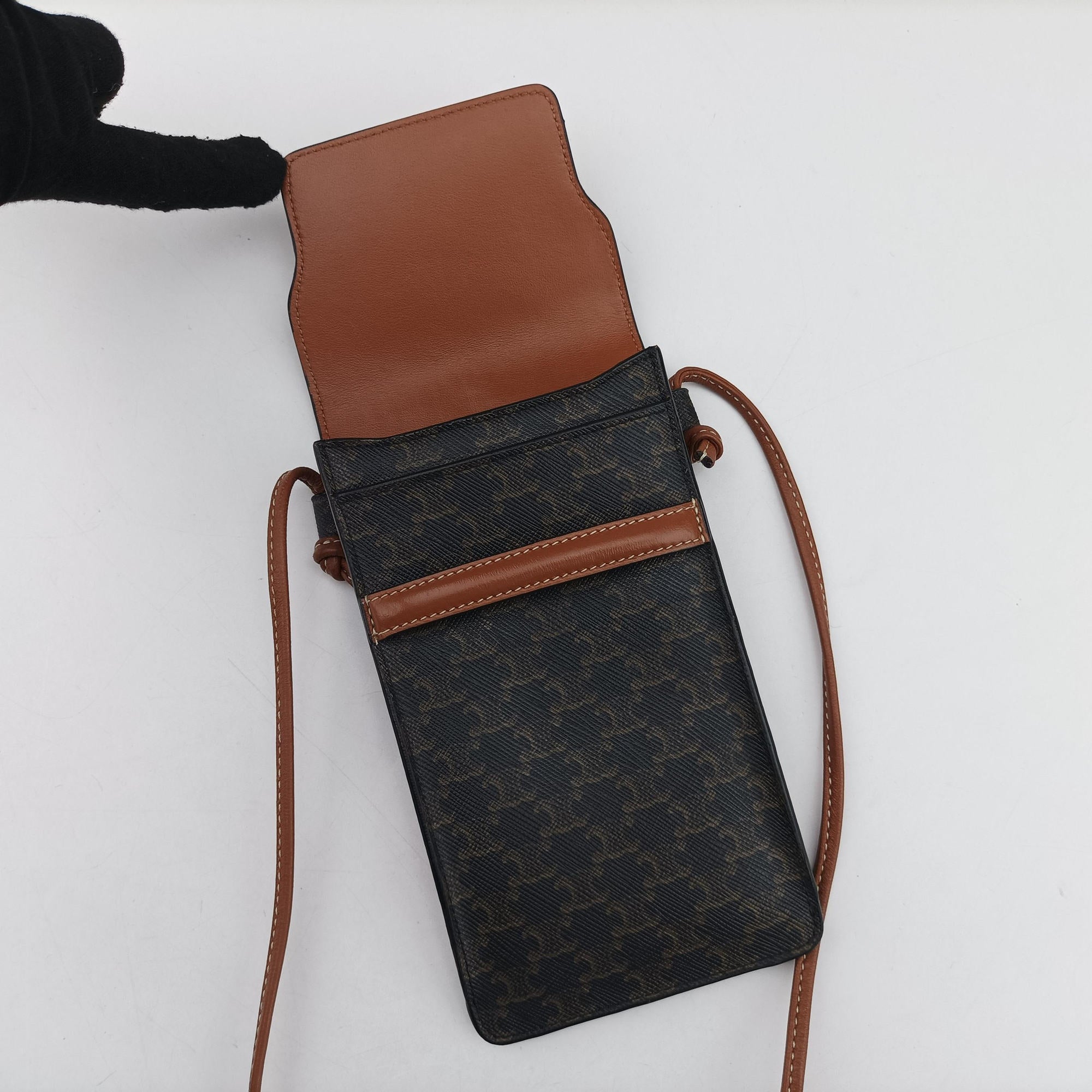 Pre-owned Celine Triomphe Phone Pouch Brown PVC coated canvas×Leather  shoulderbag | stylenewstar