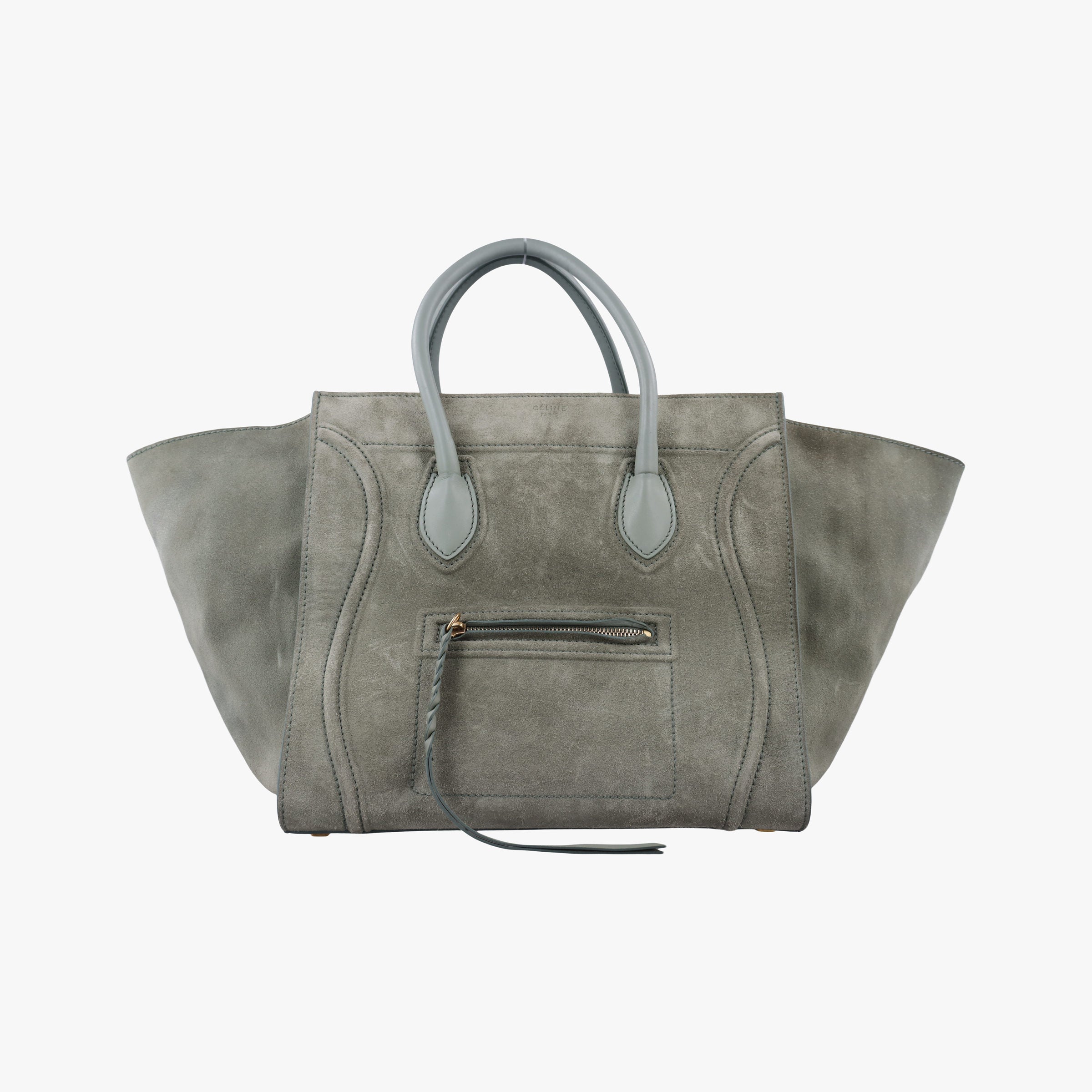 Vintage Celine Luggage Small Square Phantom GreenGrey Suede  handbag | stylenewstar