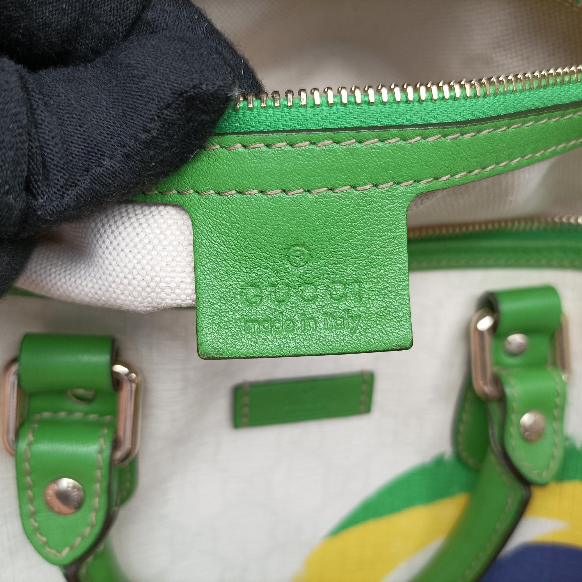 Secondhand Gucci GG Flag Joy Boston White × Green × Yellow × Blue PVC Coated Canvas × Leather  195451 handbag | stylenewstar