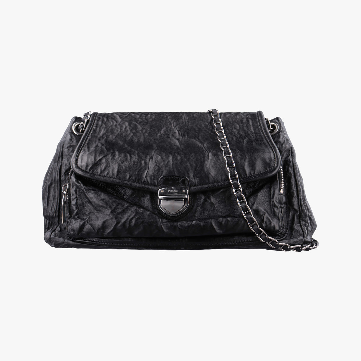 Pre-owned Prada Antique Pushlock Chain Black Leather  shoulderbag | stylenewstar
