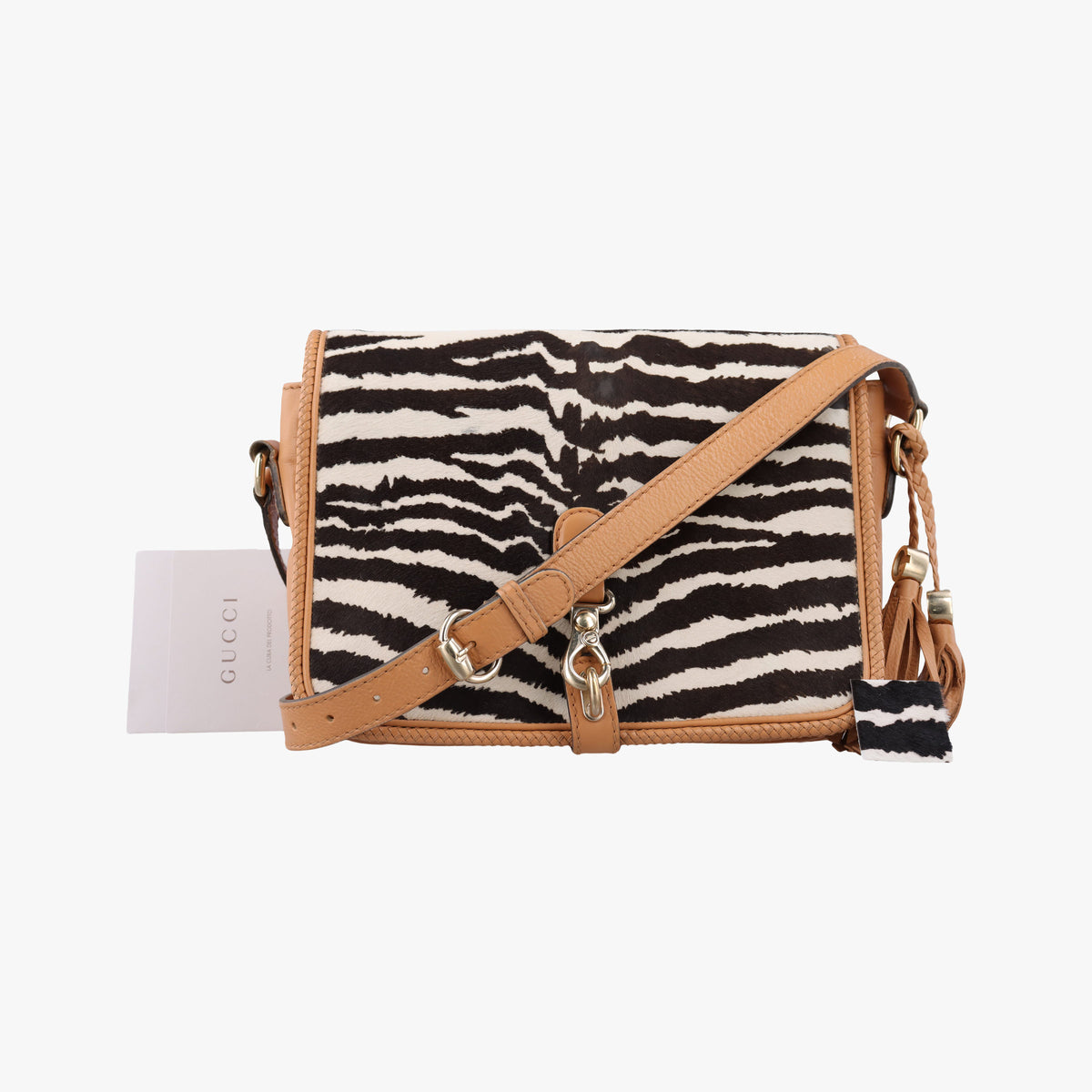 Pre-owned Gucci Marrakech zebra print Beige x Black x White ponyhair×Leather 257024 shoulderbag | stylenewstar
