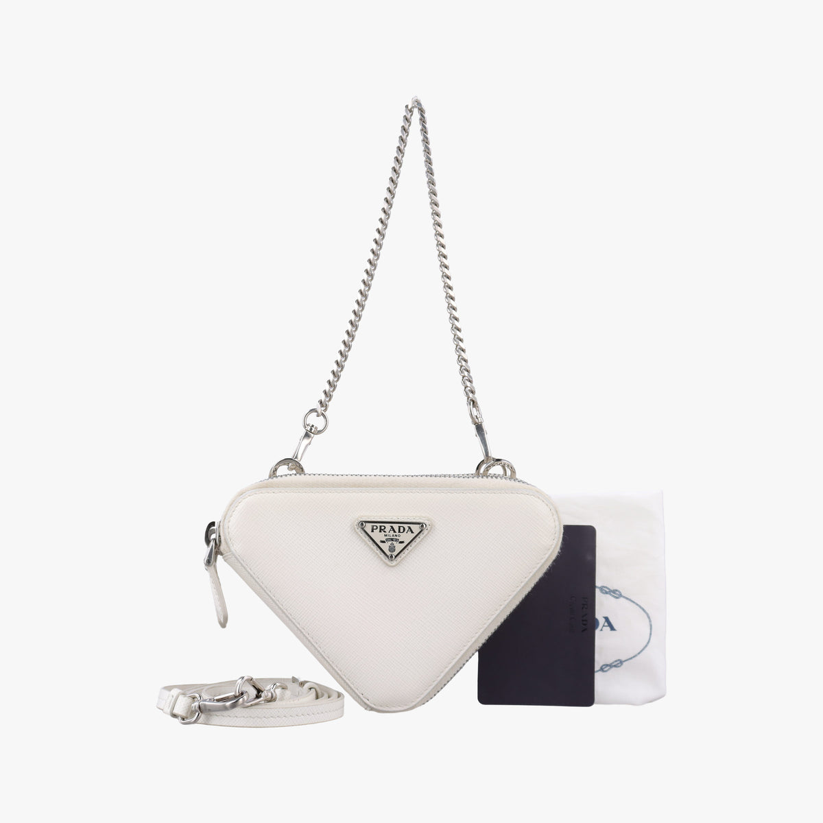 Pre-owned Prada Triangle Logo Plate White SAFFIANO Leather 1NR015 shoulderbag | stylenewstar