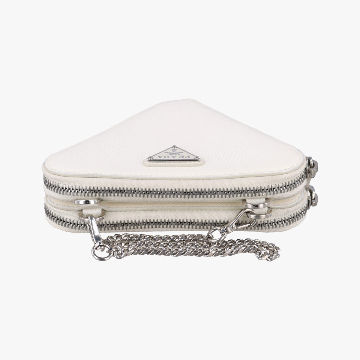 Pre-owned Prada Triangle Logo Plate White SAFFIANO Leather 1NR015 shoulderbag | stylenewstar