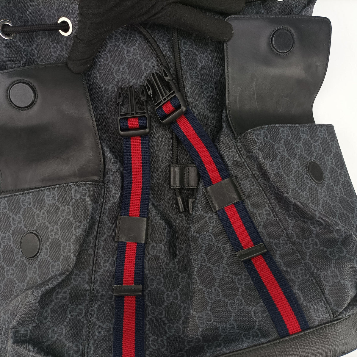 Pre-owned Gucci GG Supreme Black x Gray PVC coated canvas×leather 495563 backpack/rucksack | stylenewstar