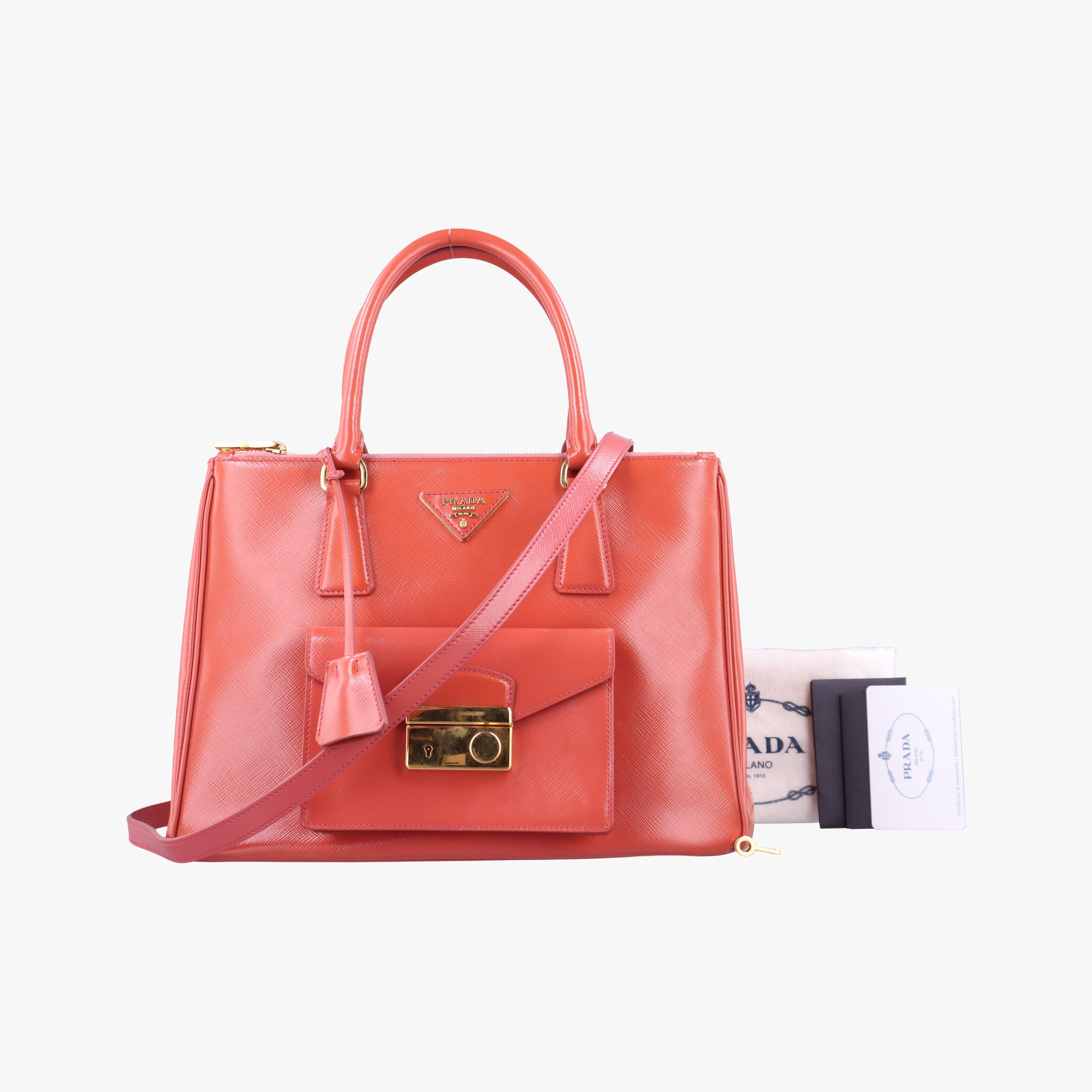 Pre-owned Prada Galleria Front Pocket Orange Patent BN2674 shoulderbag | stylenewstar