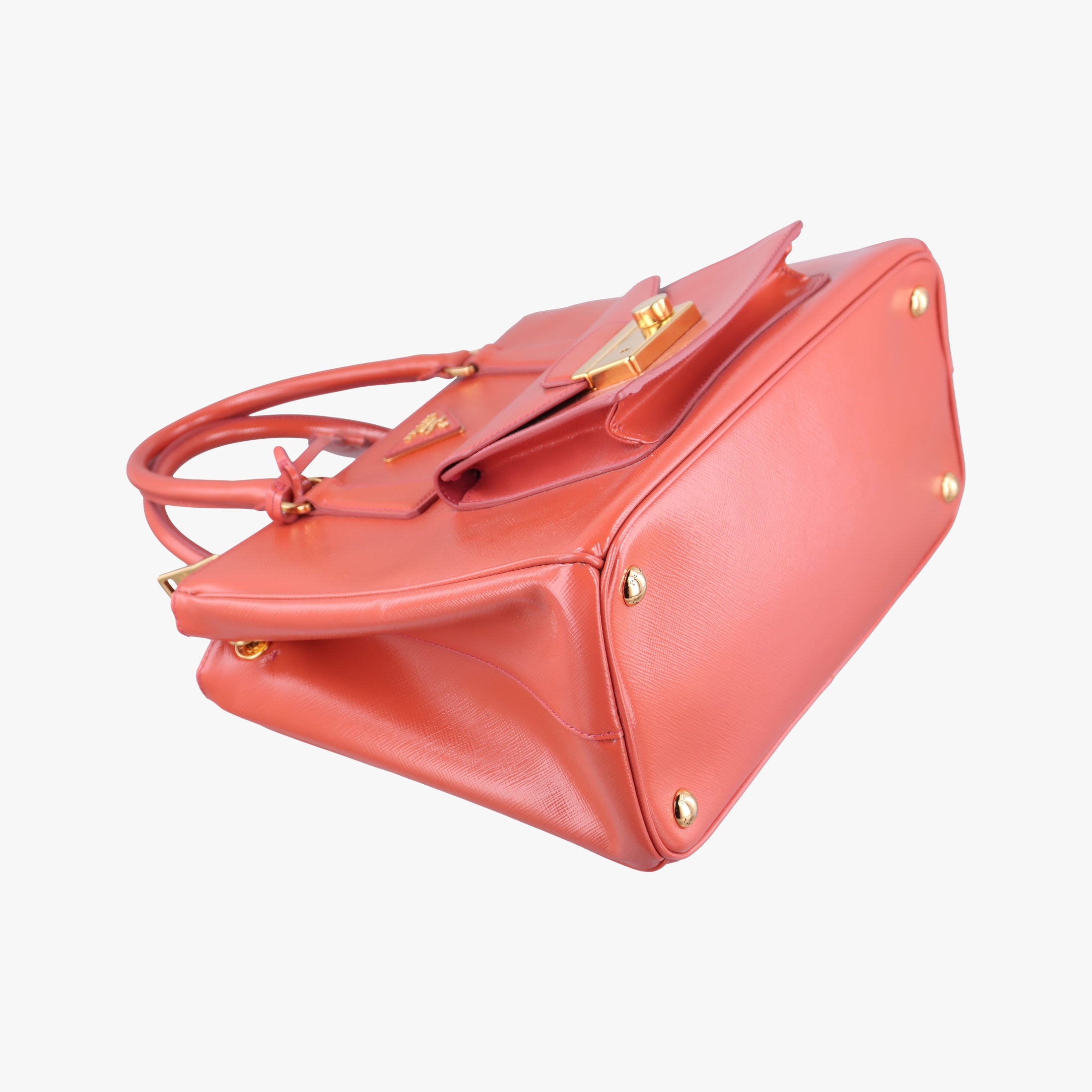 Pre-owned Prada Galleria Front Pocket Orange Patent BN2674 shoulderbag | stylenewstar