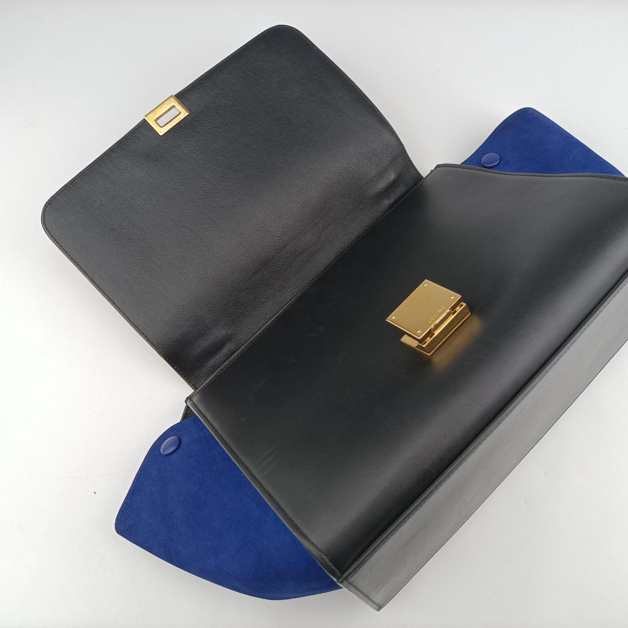 Pre-owned Celine Trapeze Beige×Black×Blue Suede × leather  shoulderbag | stylenewstar