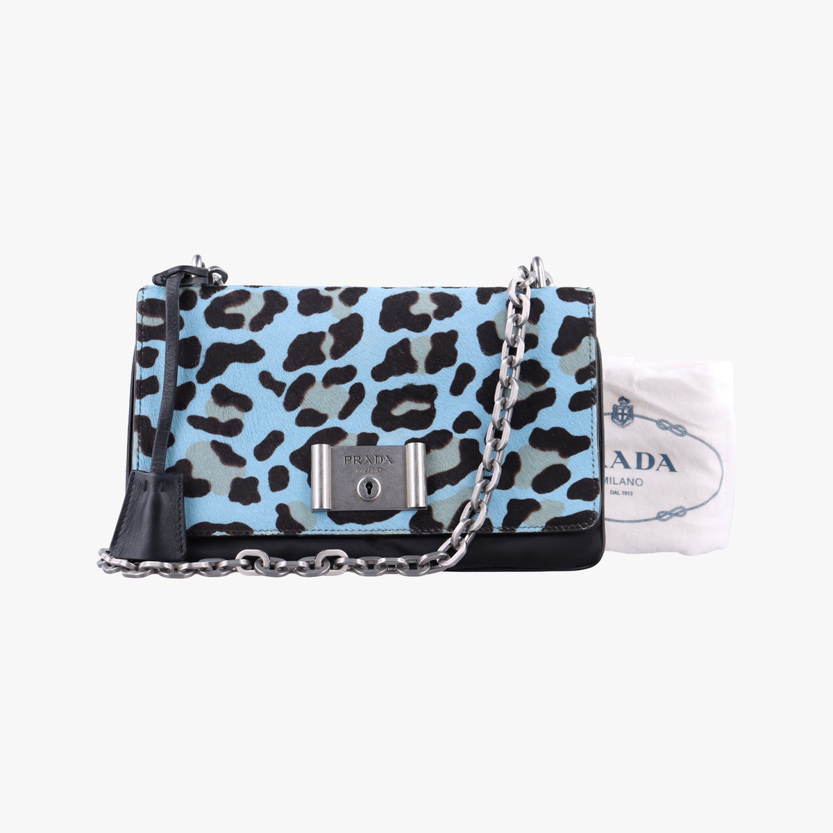 Pre-owned Prada Leopard print Blue×Black ponyhair×nylon 1BD009 shoulderbag | stylenewstar