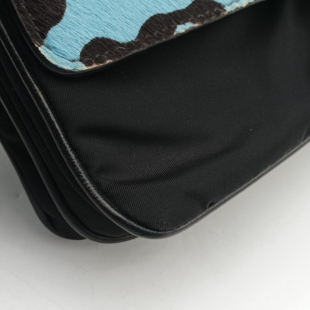 Pre-owned Prada Leopard print Blue×Black ponyhair×nylon 1BD009 shoulderbag | stylenewstar
