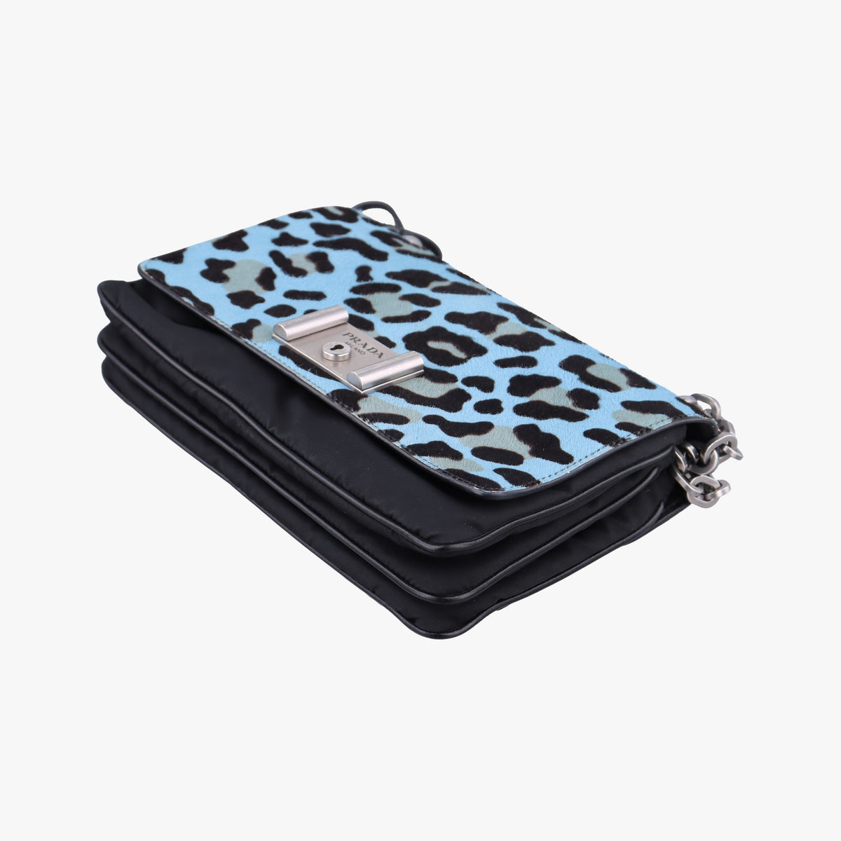 Pre-owned Prada Leopard print Blue×Black ponyhair×nylon 1BD009 shoulderbag | stylenewstar