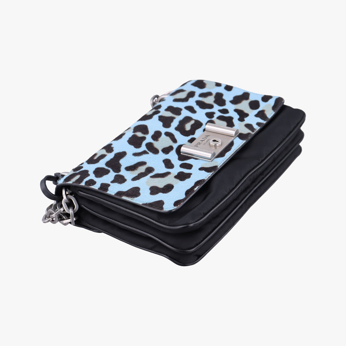Pre-owned Prada Leopard print Blue×Black ponyhair×nylon 1BD009 shoulderbag | stylenewstar