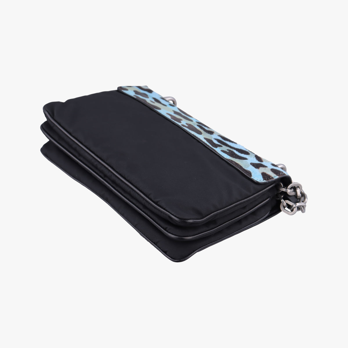 Pre-owned Prada Leopard print Blue×Black ponyhair×nylon 1BD009 shoulderbag | stylenewstar