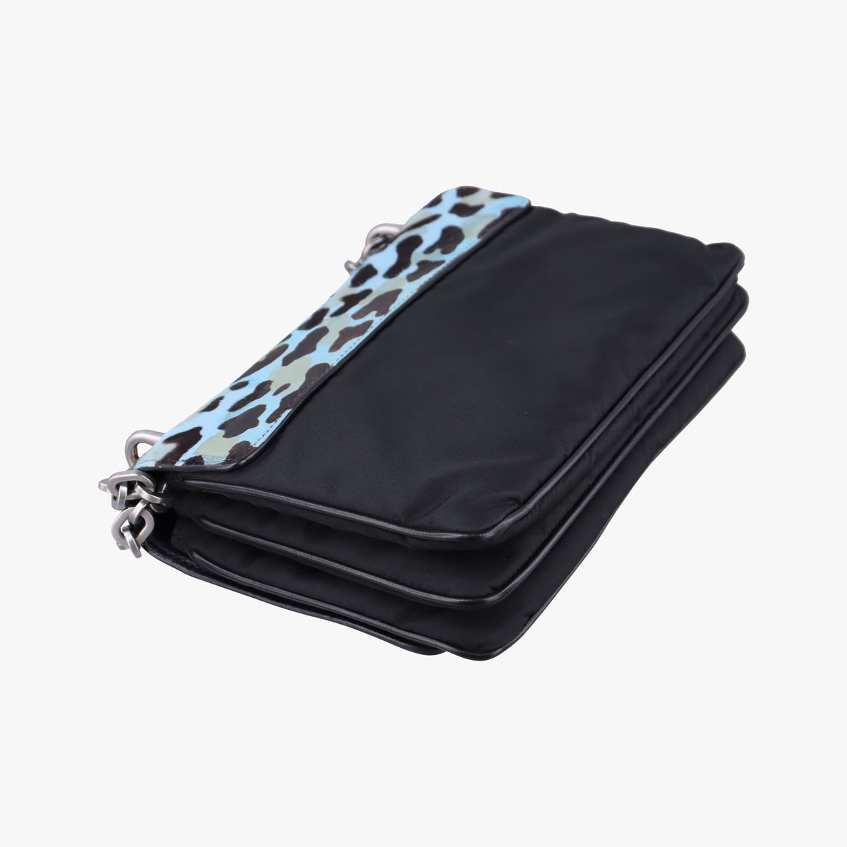 Pre-owned Prada Leopard print Blue×Black ponyhair×nylon 1BD009 shoulderbag | stylenewstar