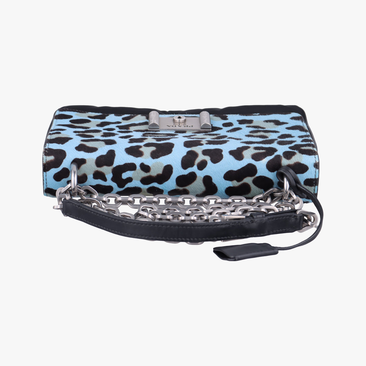 Pre-owned Prada Leopard print Blue×Black ponyhair×nylon 1BD009 shoulderbag | stylenewstar