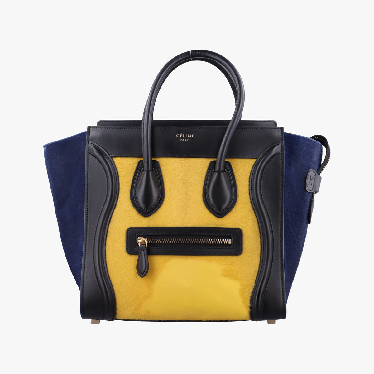 Pre-owned Celine Luggage Micro shopper Black×Yellow×Blue leather×ponyhair  handbag | stylenewstar