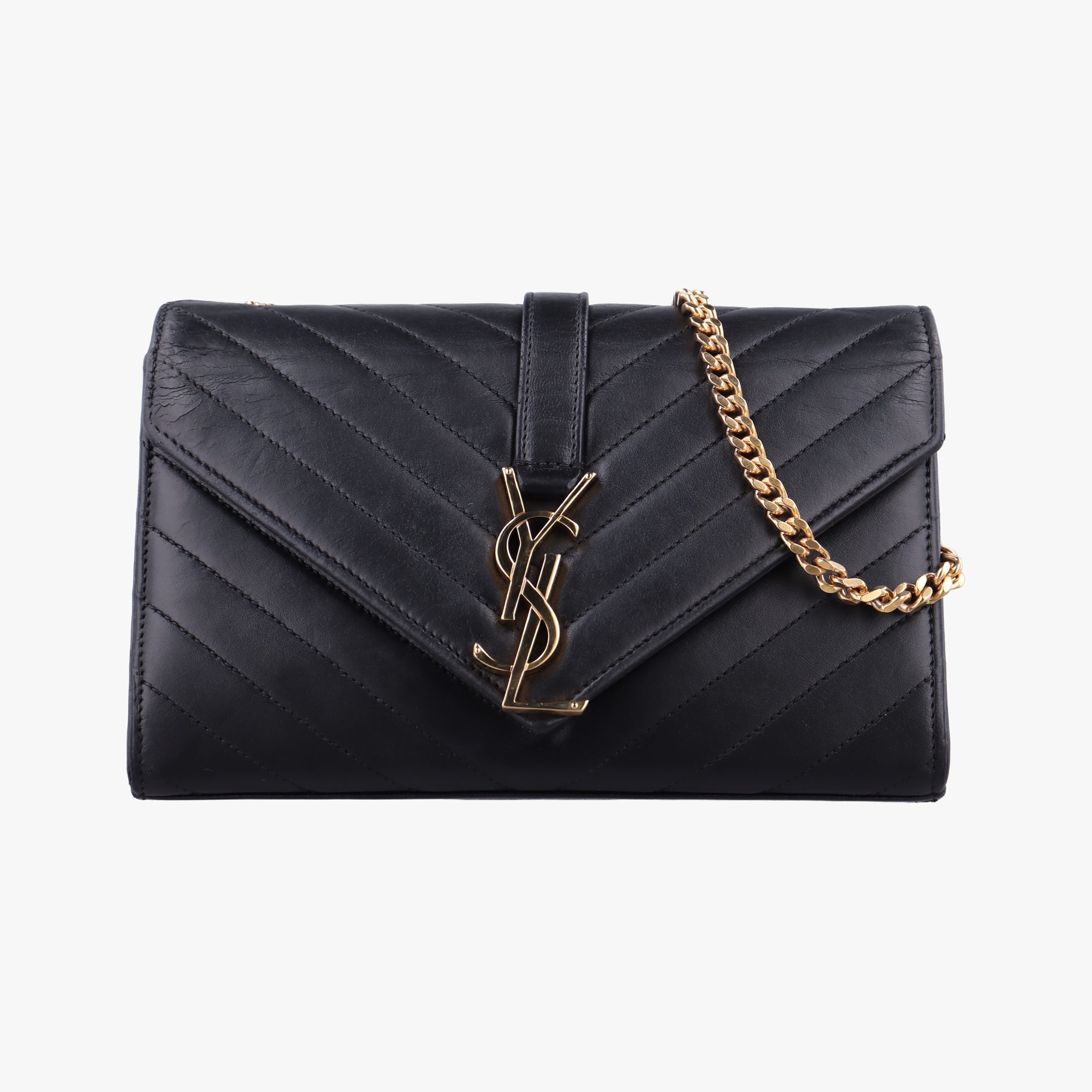 Pre-owned Yves Saint Laurent Monogram Envelope Black Leather 396909 shoulderbag | stylenewstar