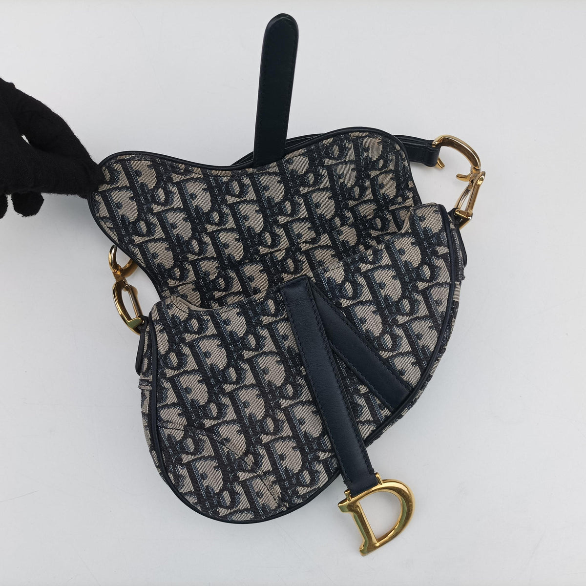 Pre-owned Christian Dior Saddle Navy Jacquard × Leather  shoulderbag | stylenewstar