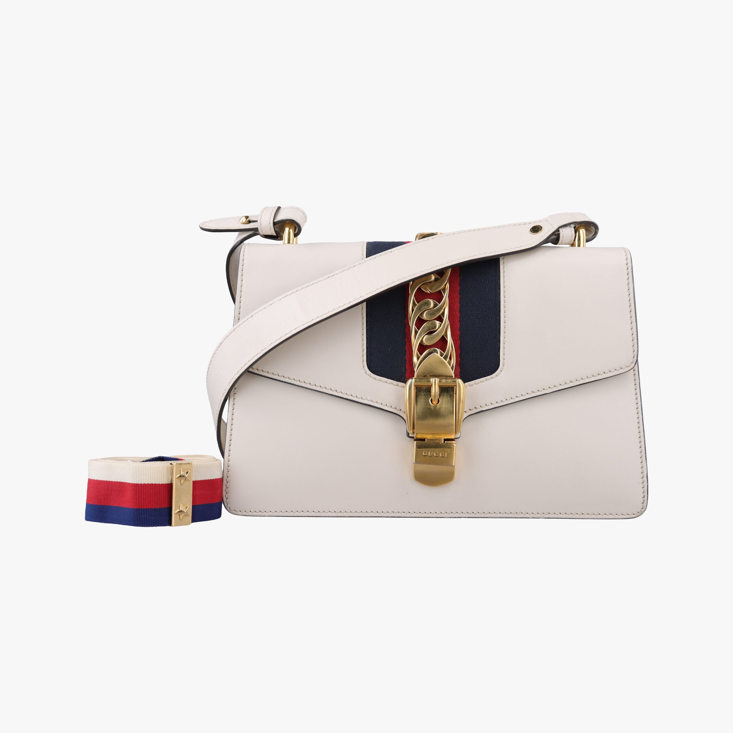 Pre-owned Gucci Sylvie Ivory×navy×red Leather 421882 shoulderbag | stylenewstar