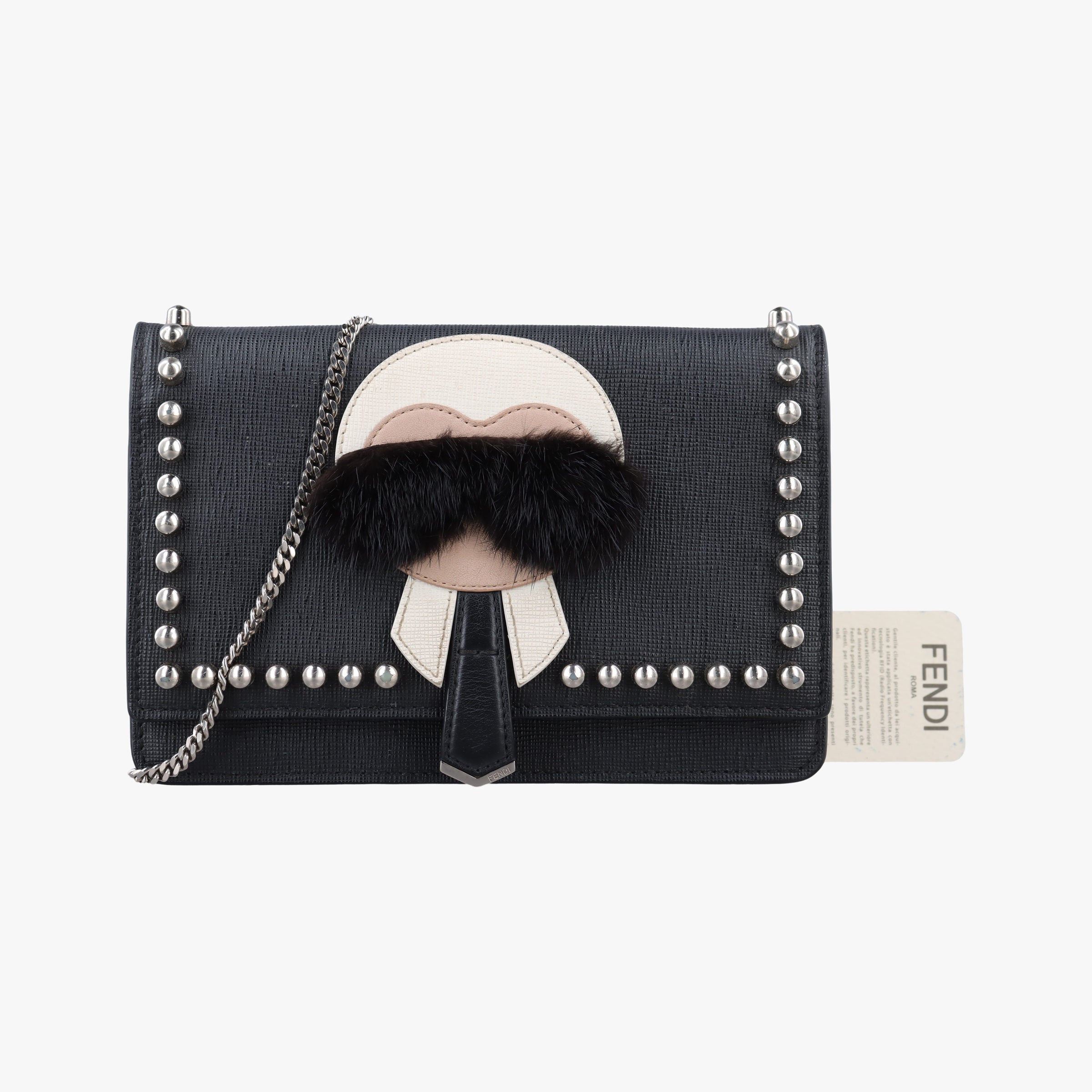 Pre-owned Fendi Karlito Lagerfeld Studded Black Leather 8M0346 shoulderbag | stylenewstar