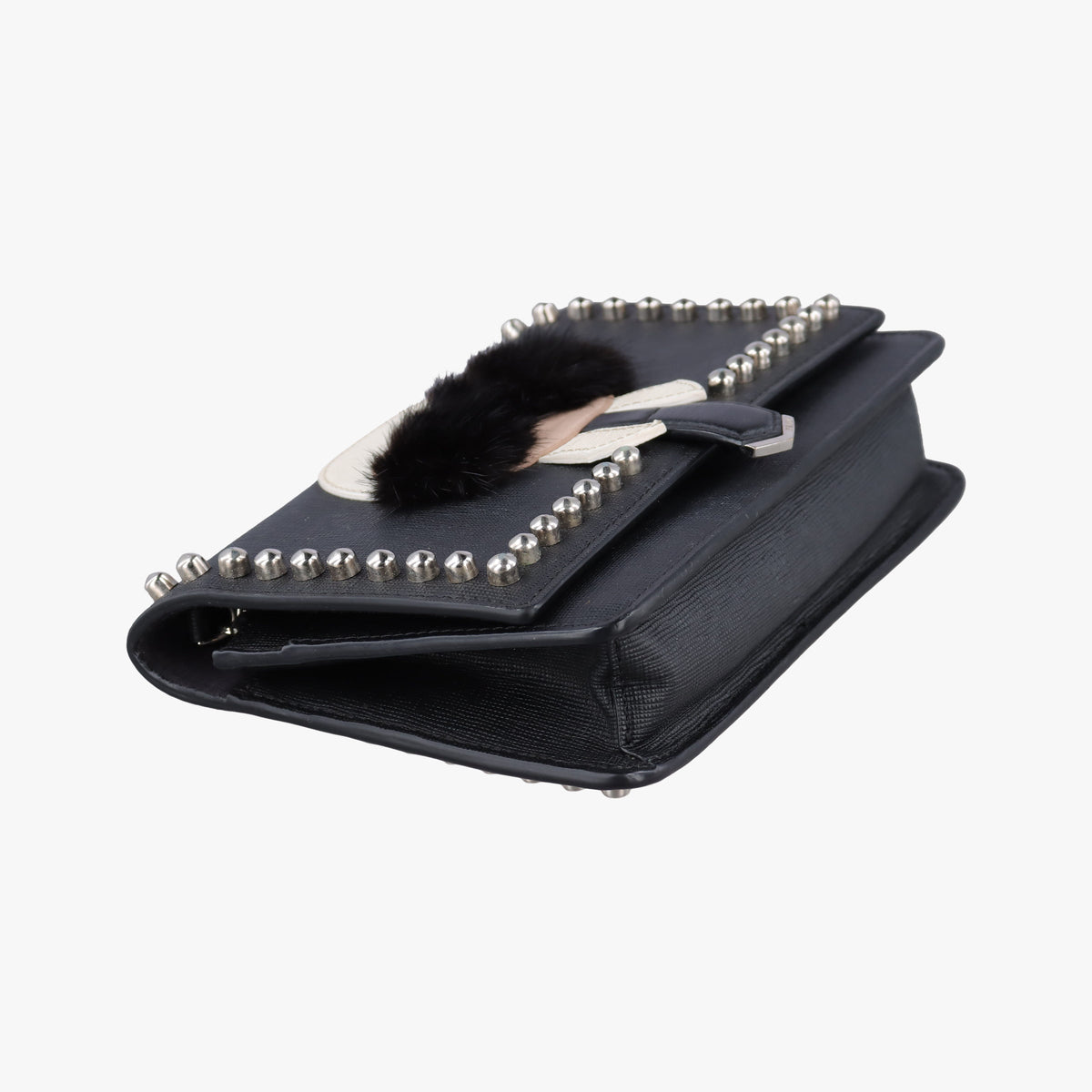 Pre-owned Fendi Karlito Lagerfeld Studded Black Leather 8M0346 shoulderbag | stylenewstar
