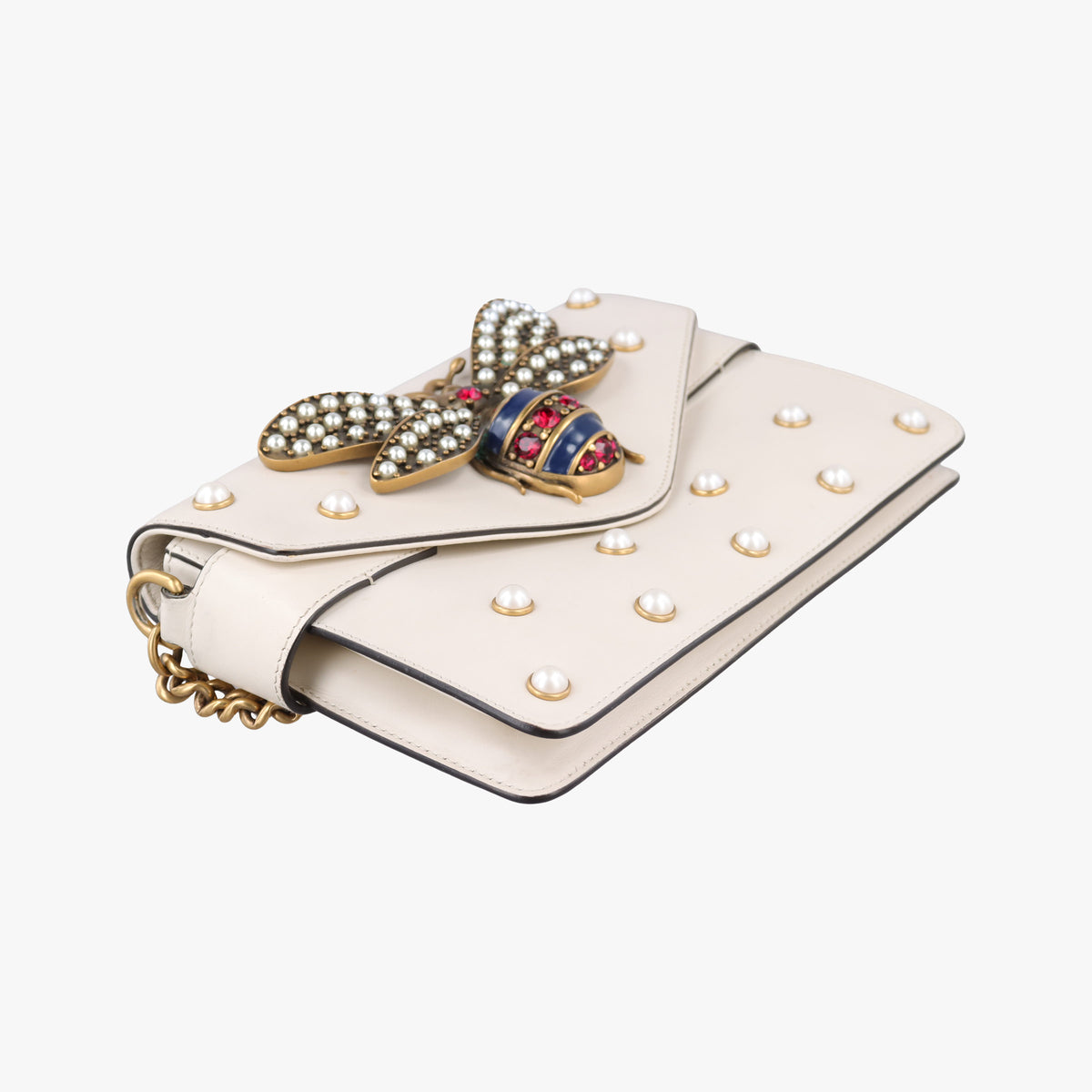 Pre-owned Gucci Broadway Pearl Bee White Leather 453778 shoulderbag | stylenewstar