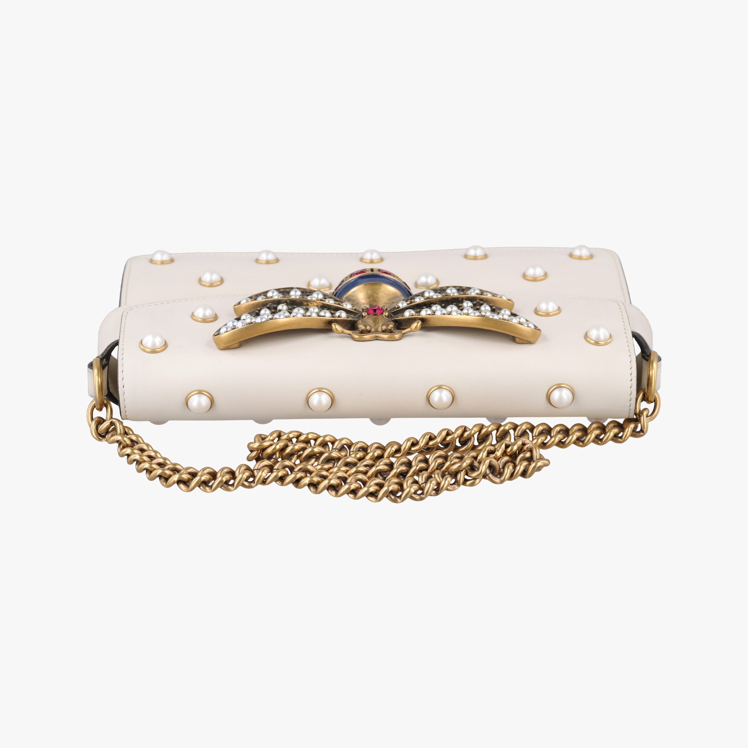 Pre-owned Gucci Broadway Pearl Bee White Leather 453778 shoulderbag | stylenewstar