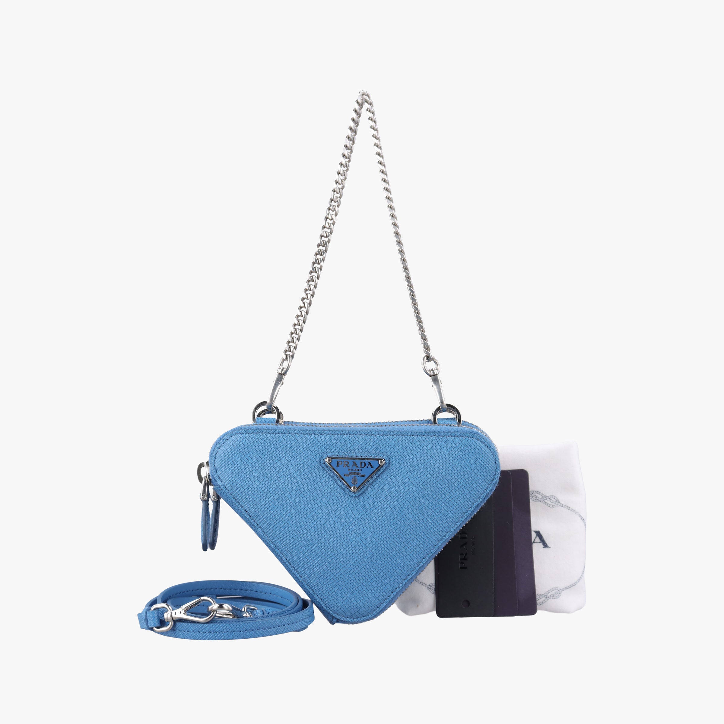 Pre-owned Prada Triangle Logo Plate Blue SAFFIANO Leather 1NR015 shoulderbag | stylenewstar