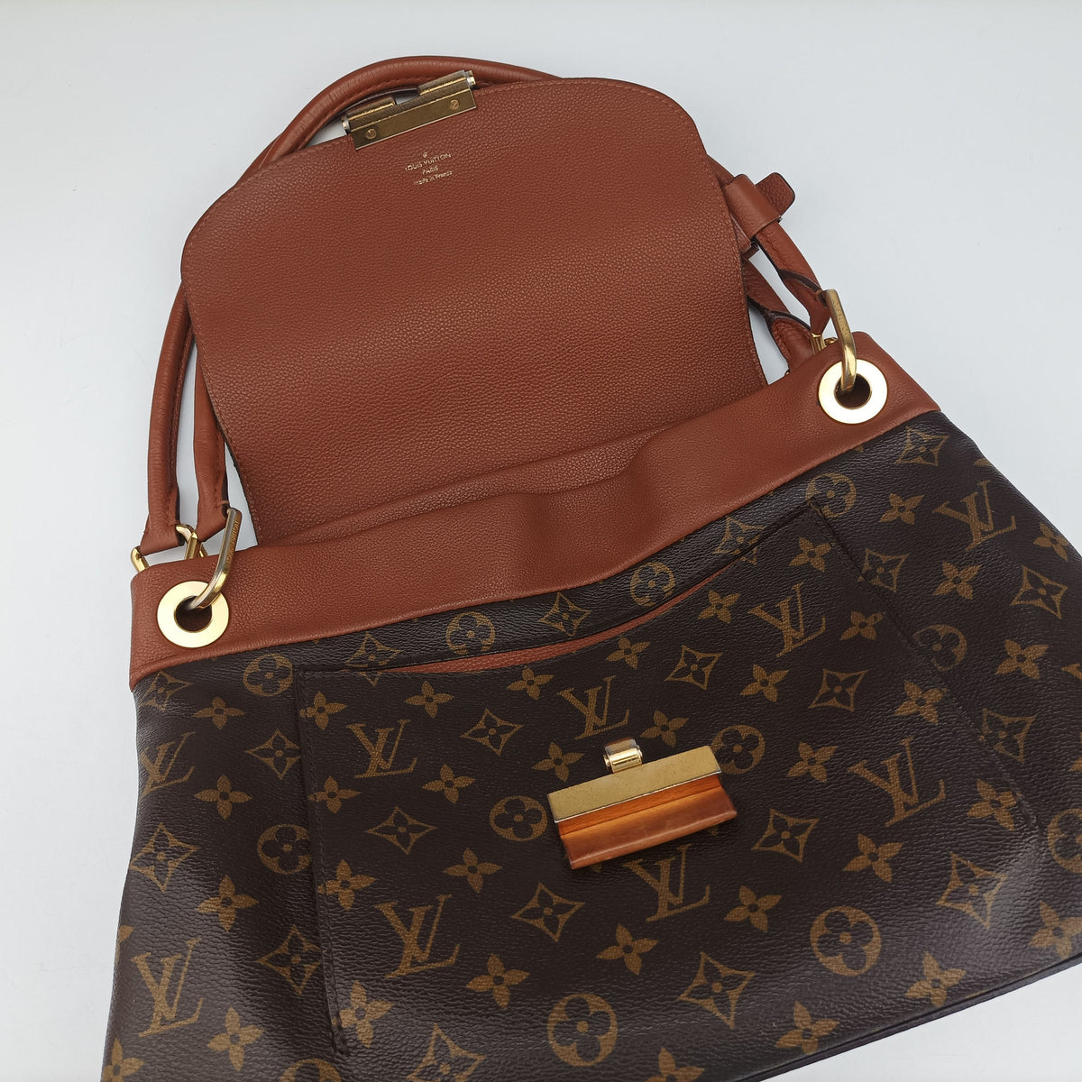 Pre-owned Louis Vuitton OLYMPE Brown×CAMEL Monogram Canvas×calf leather M40580 handbag | stylenewstar
