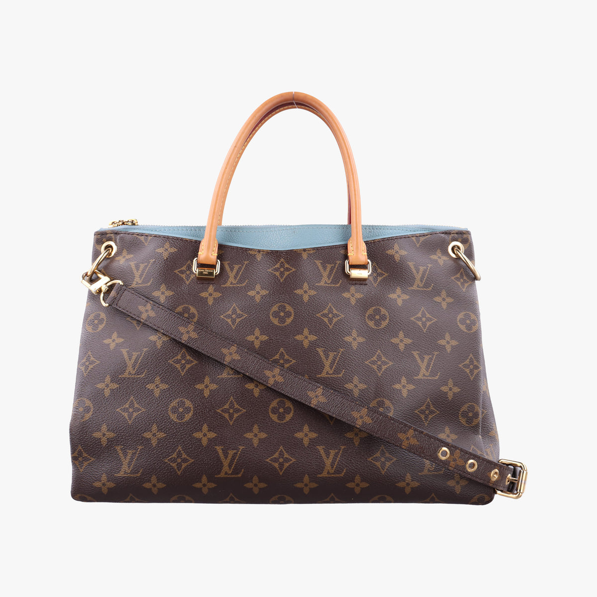 Pre-owned Louis Vuitton PALLAS brown×Blue Ciel Monogram Canvas×calf leather M41467 shoulderbag | stylenewstar