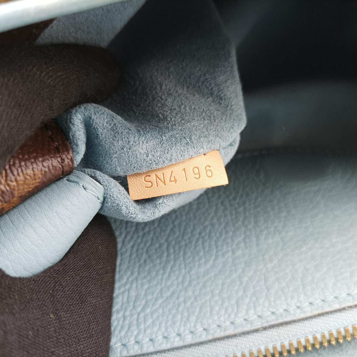 Pre-owned Louis Vuitton PALLAS brown×Blue Ciel Monogram Canvas×calf leather M41467 shoulderbag | stylenewstar