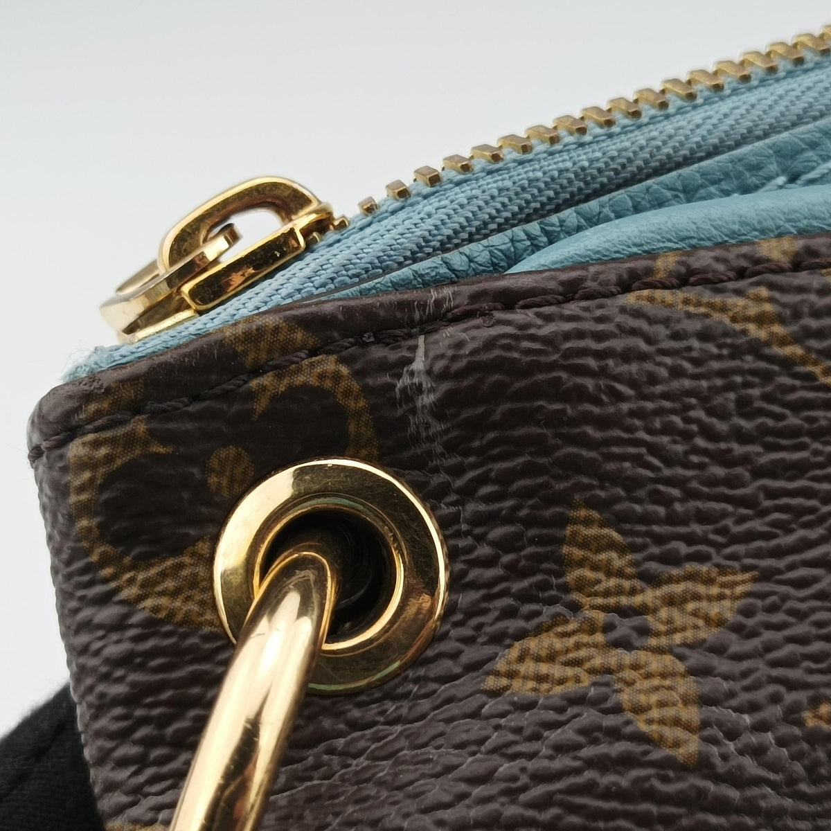 Pre-owned Louis Vuitton PALLAS brown×Blue Ciel Monogram Canvas×calf leather M41467 shoulderbag | stylenewstar
