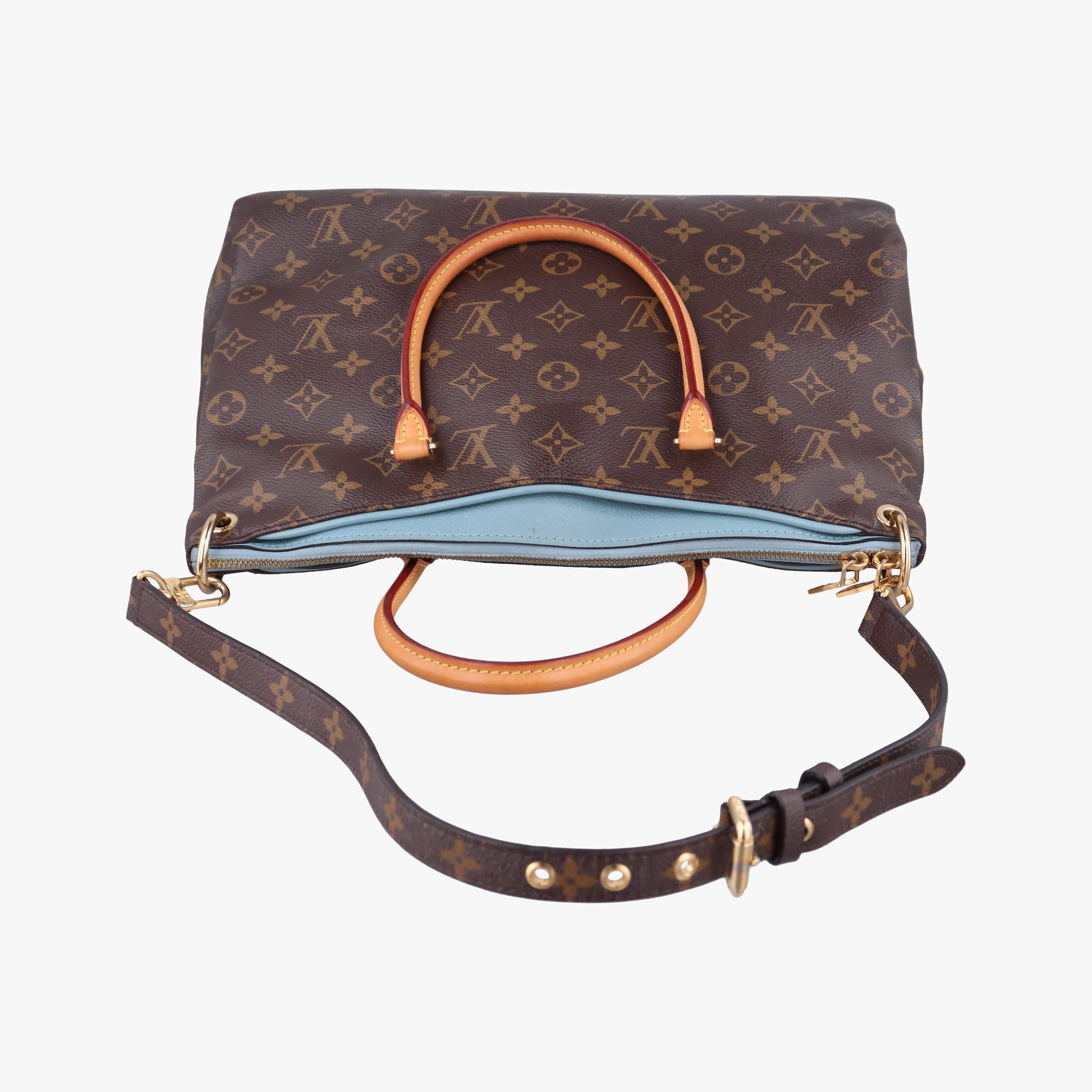 Pre-owned Louis Vuitton PALLAS brown×Blue Ciel Monogram Canvas×calf leather M41467 shoulderbag | stylenewstar