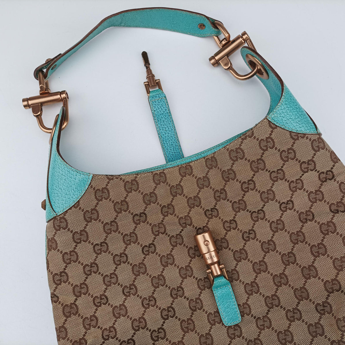 Pre-owned Gucci New Jackie khaki×blue canvas×leather 120888 handbag | stylenewstar