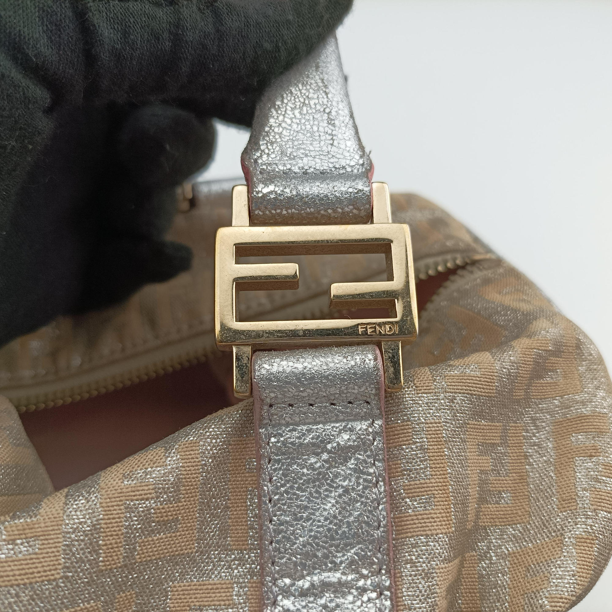 Pre-owned Fendi Zucchino Glitter Logo Silver canvas 8BL068 handbag | stylenewstar