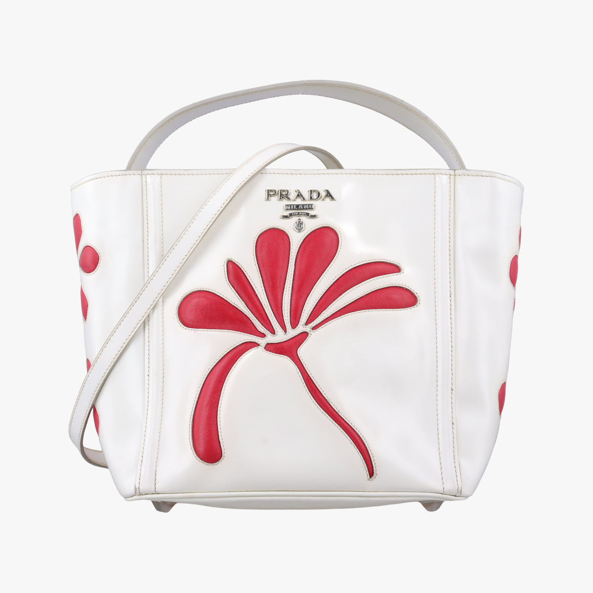 Pre-owned Prada Flowers Printe Tote White x Red Leather  shoulderbag | stylenewstar