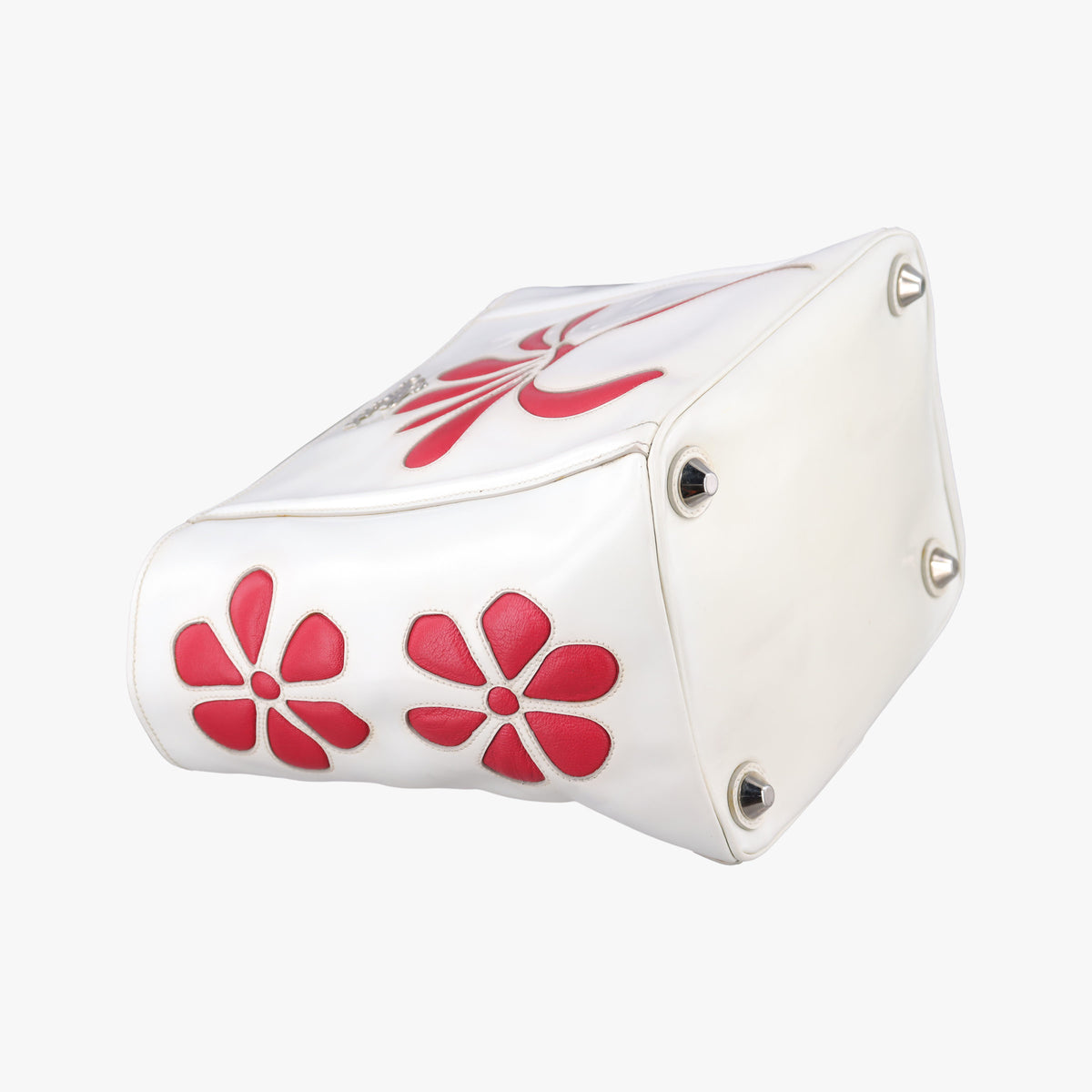 Pre-owned Prada Flowers Printe Tote White x Red Leather  shoulderbag | stylenewstar