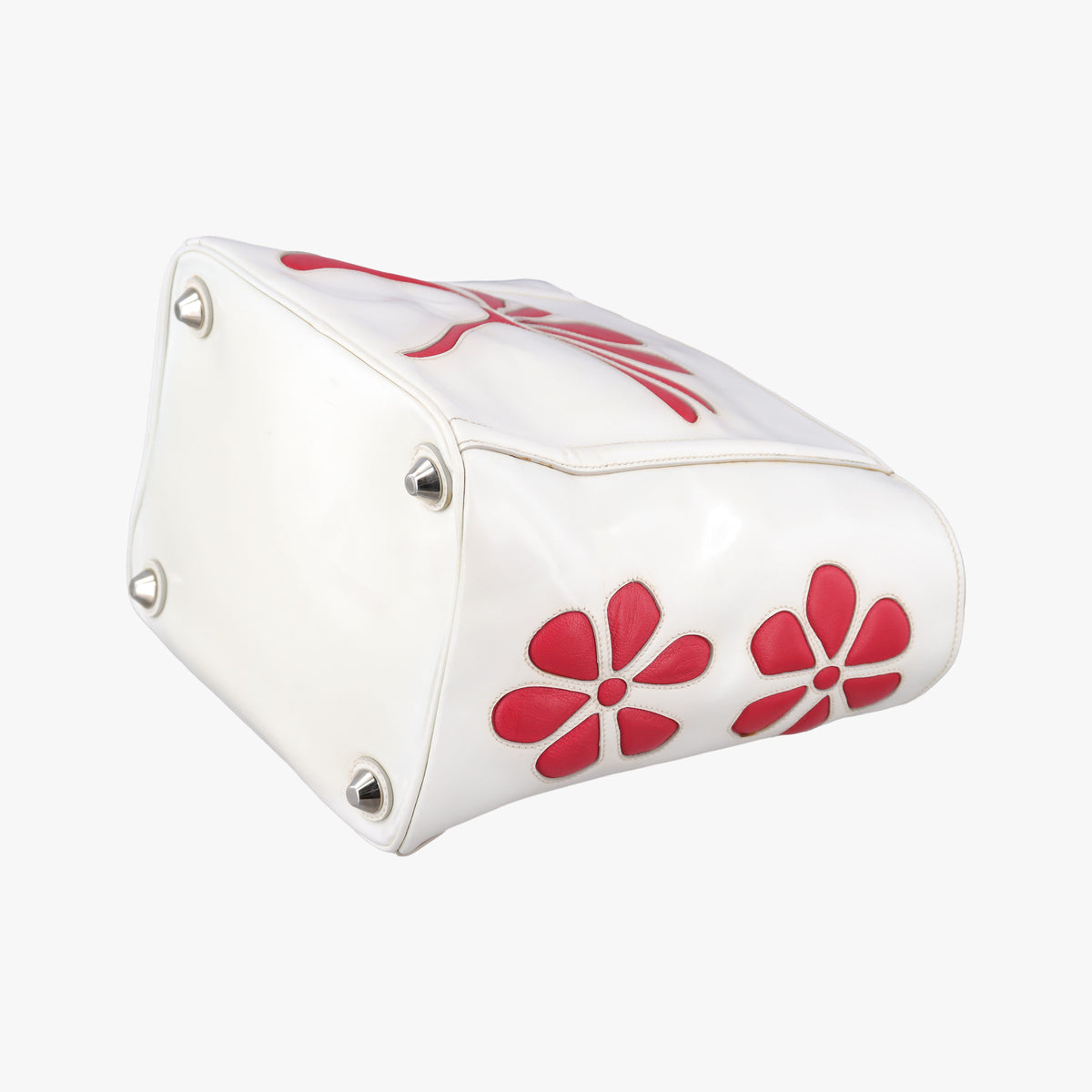 Pre-owned Prada Flowers Printe Tote White x Red Leather  shoulderbag | stylenewstar