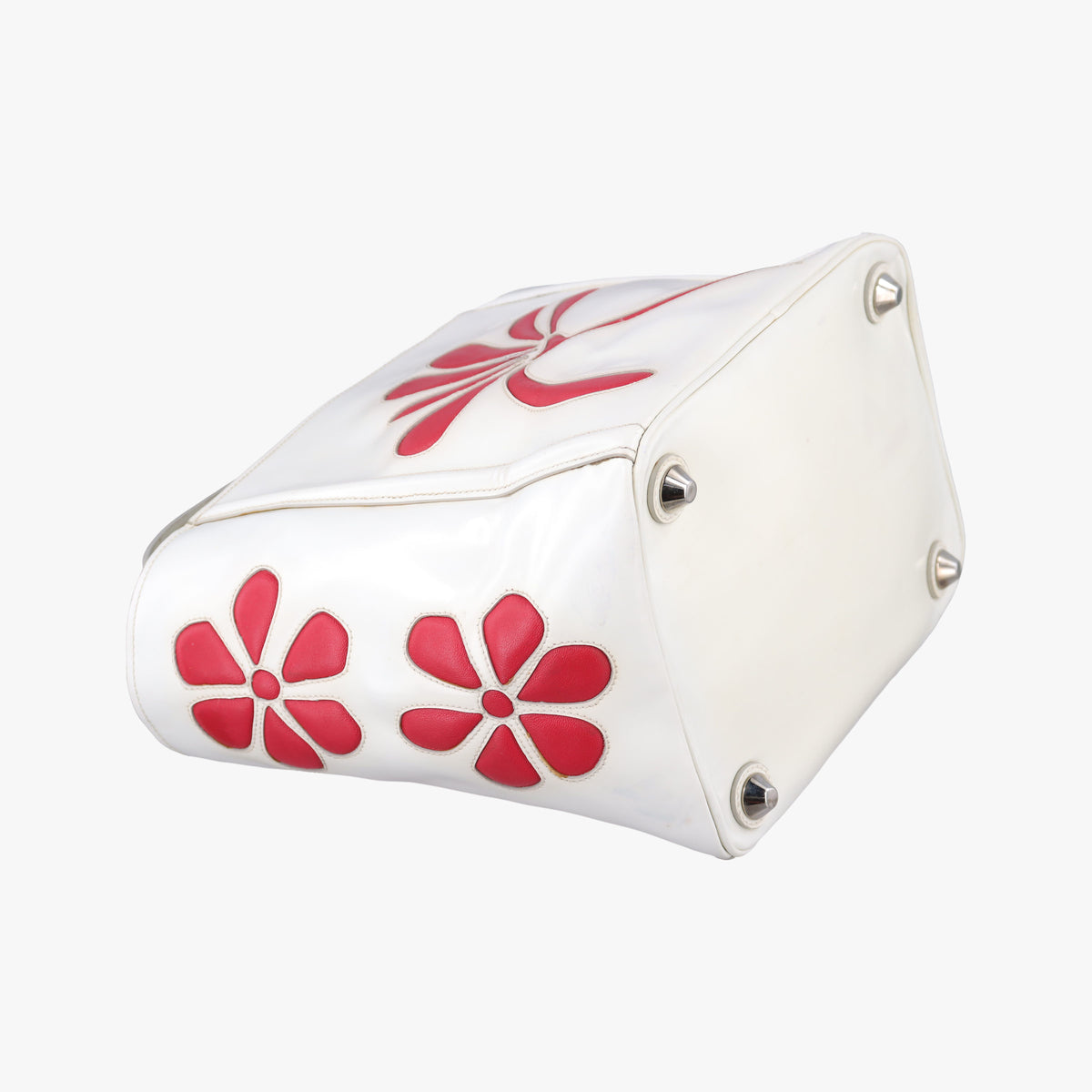 Pre-owned Prada Flowers Printe Tote White x Red Leather  shoulderbag | stylenewstar