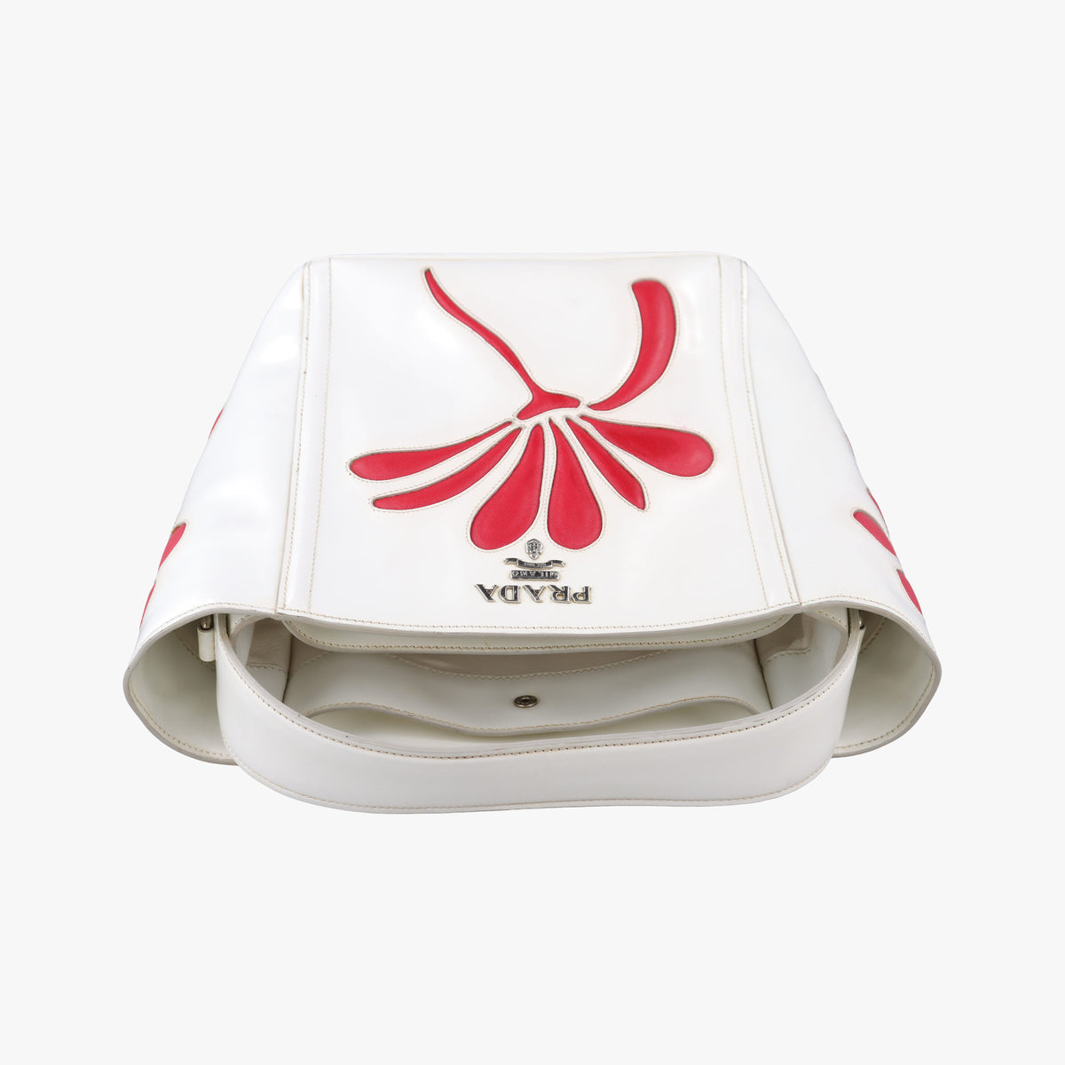 Pre-owned Prada Flowers Printe Tote White x Red Leather  shoulderbag | stylenewstar