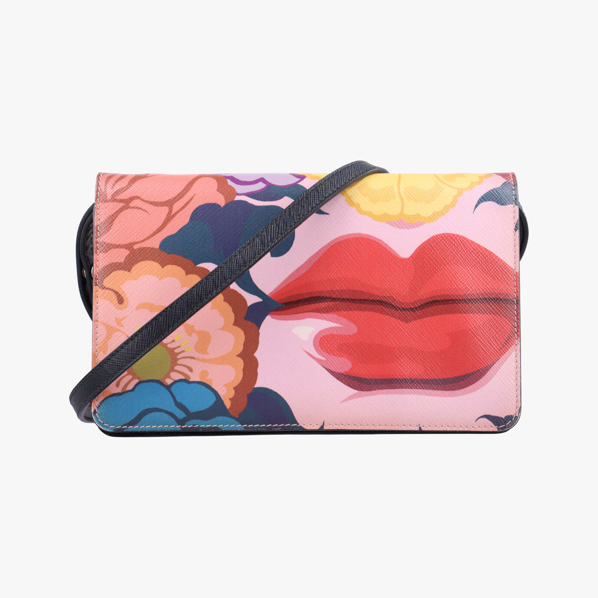 Pre-owned Prada Lip print pink×Multicolour Saffiano Leather  shoulderbag | stylenewstar