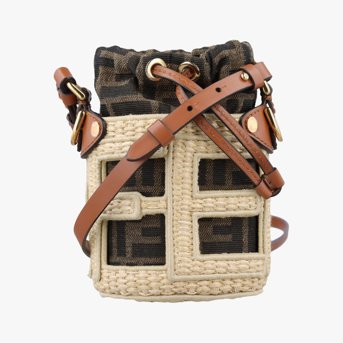 Pre-owned Fendi Nano Step Out IvoryxBrown Straw×Canvas×Leather 7AS189 shoulderbag | stylenewstar