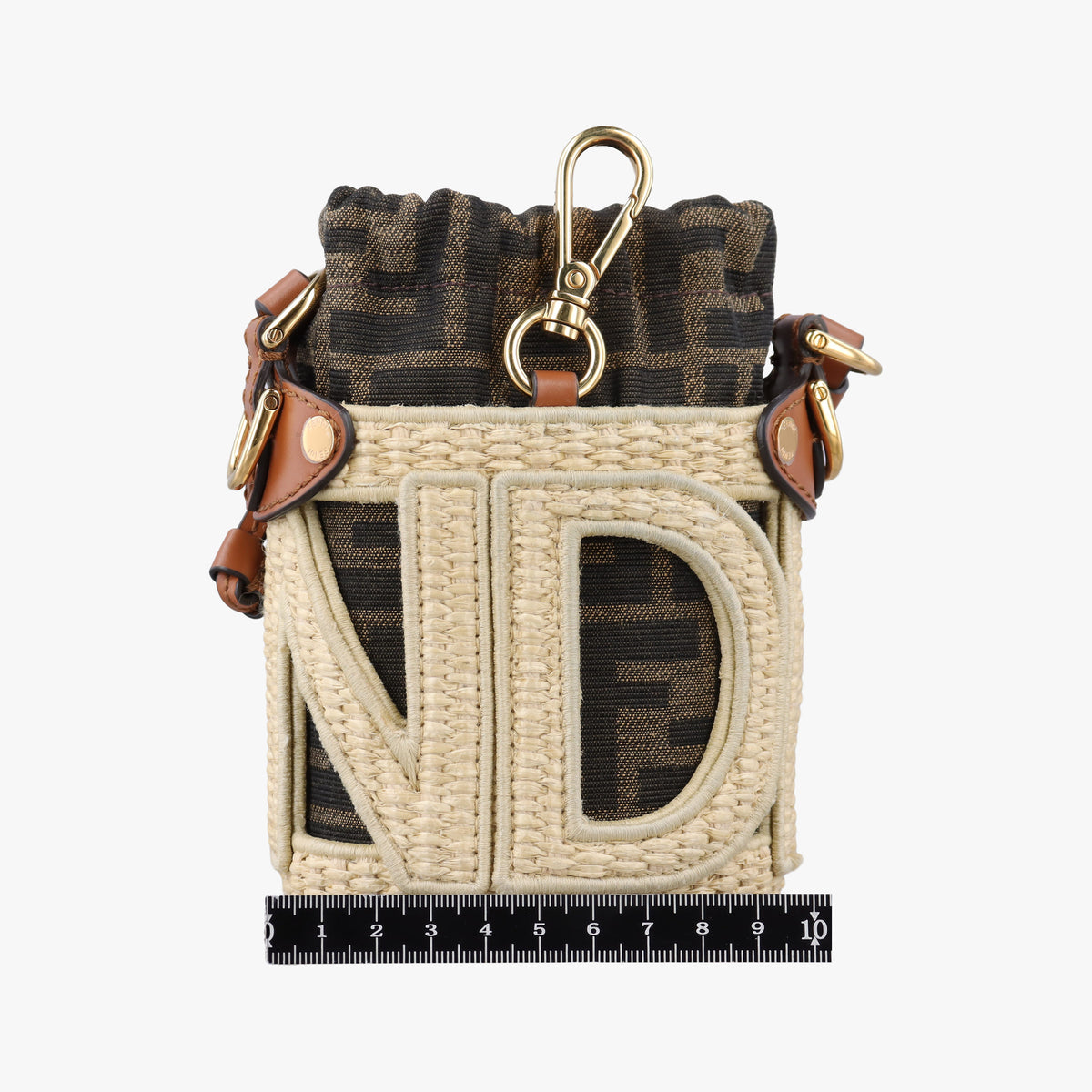 Pre-owned Fendi Nano Step Out IvoryxBrown Straw×Canvas×Leather 7AS189 shoulderbag | stylenewstar