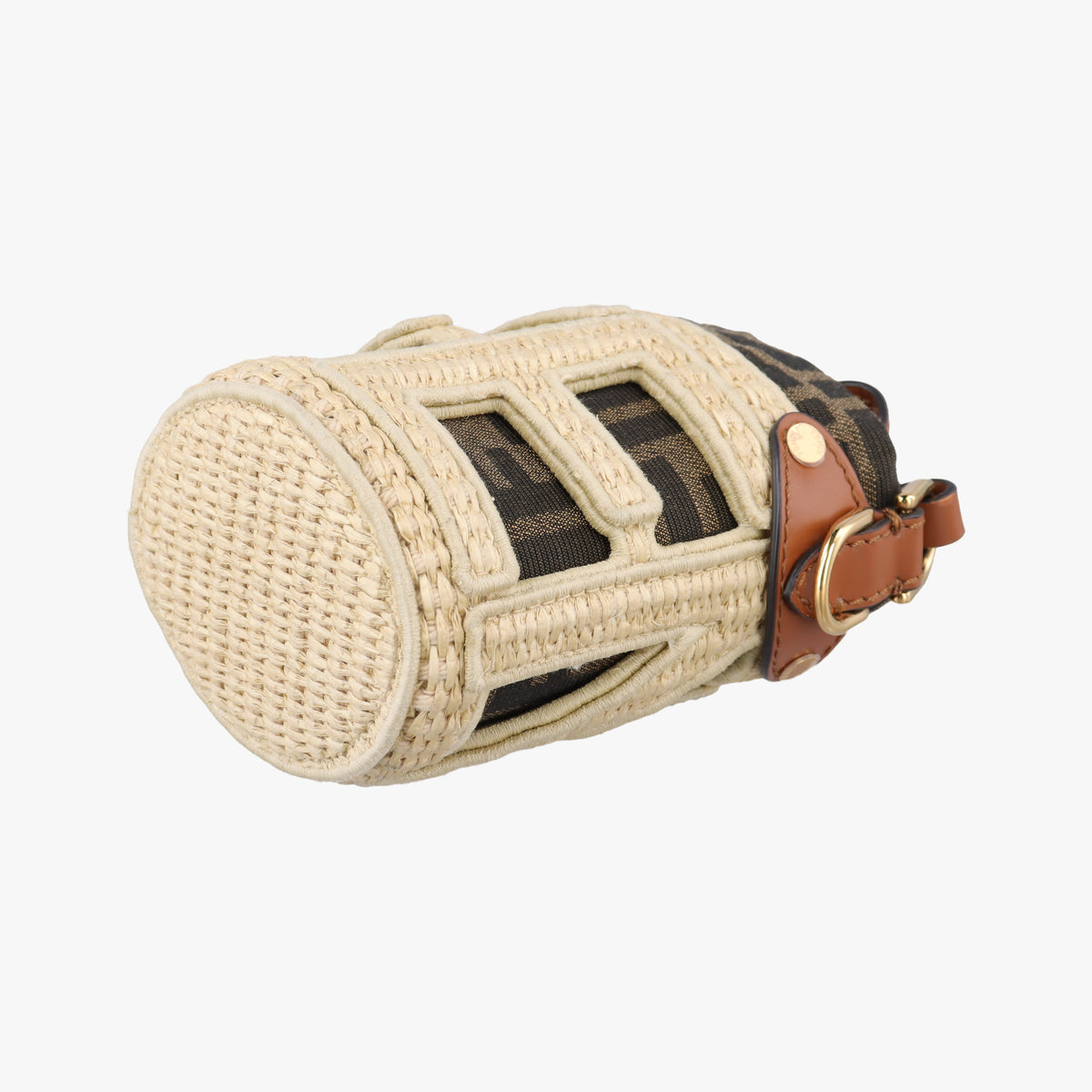 Pre-owned Fendi Nano Step Out IvoryxBrown Straw×Canvas×Leather 7AS189 shoulderbag | stylenewstar