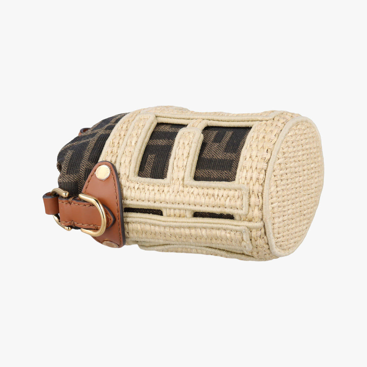 Pre-owned Fendi Nano Step Out IvoryxBrown Straw×Canvas×Leather 7AS189 shoulderbag | stylenewstar