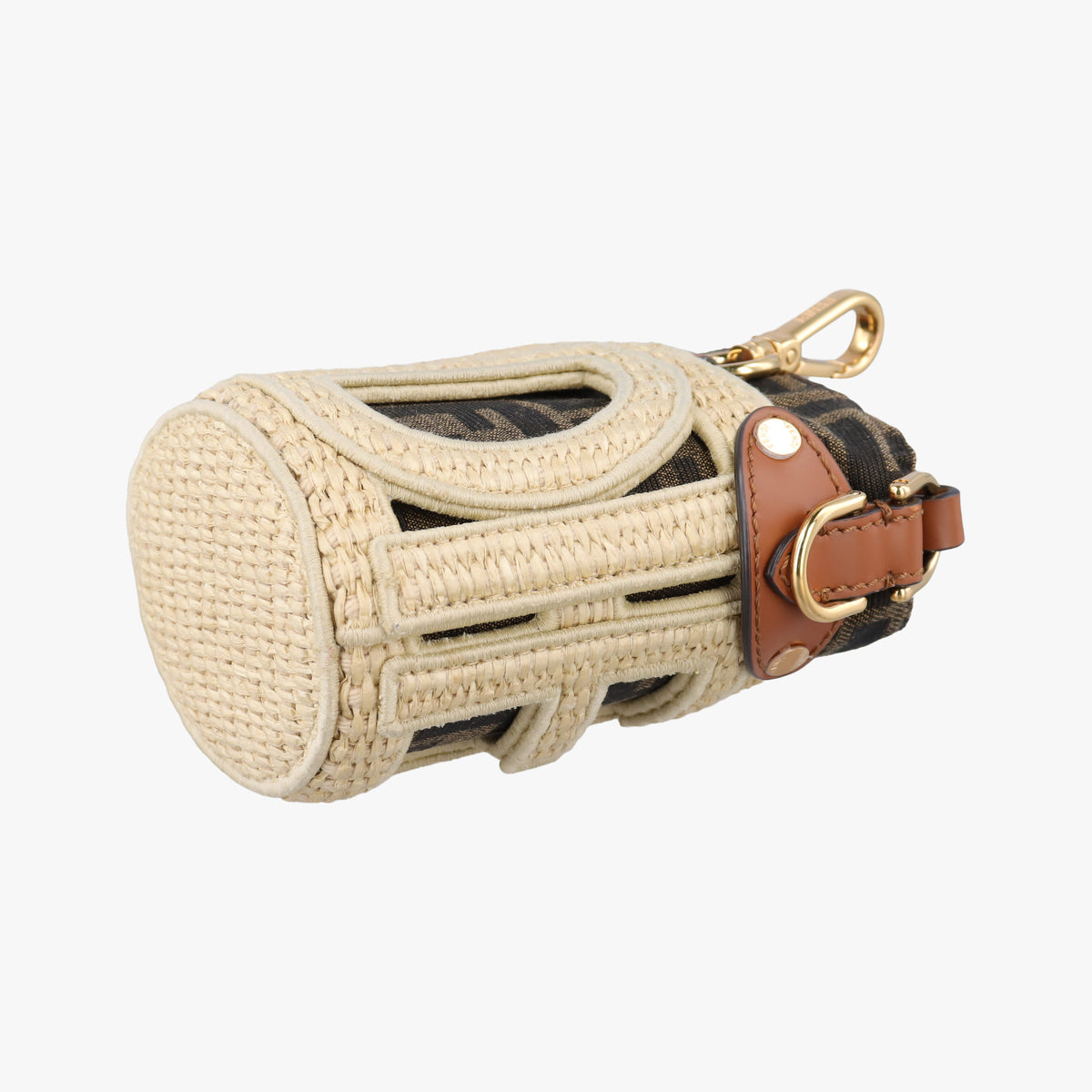 Pre-owned Fendi Nano Step Out IvoryxBrown Straw×Canvas×Leather 7AS189 shoulderbag | stylenewstar