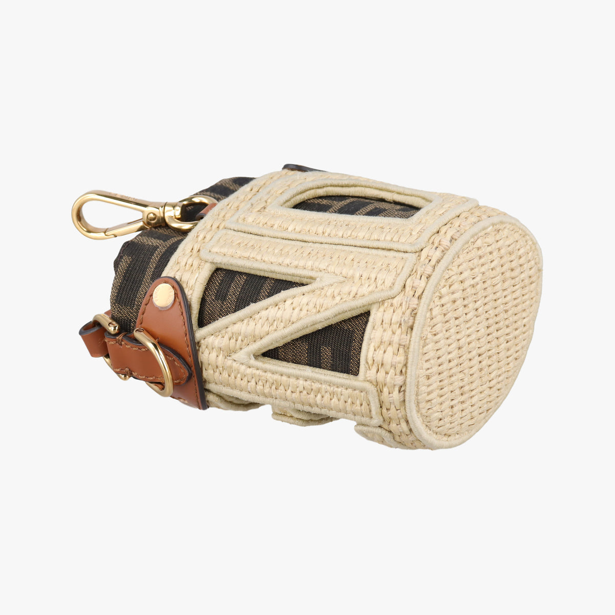 Pre-owned Fendi Nano Step Out IvoryxBrown Straw×Canvas×Leather 7AS189 shoulderbag | stylenewstar