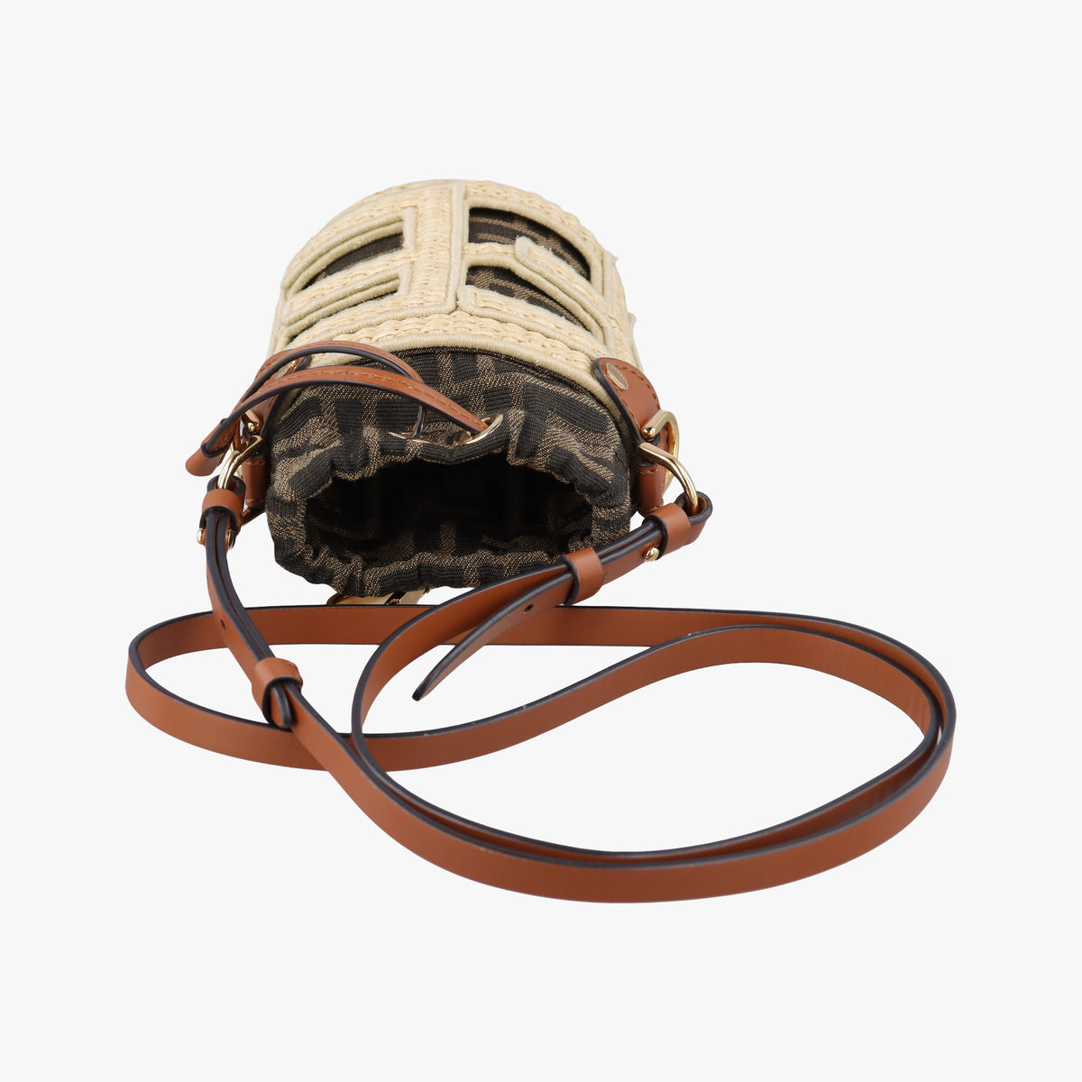 Pre-owned Fendi Nano Step Out IvoryxBrown Straw×Canvas×Leather 7AS189 shoulderbag | stylenewstar