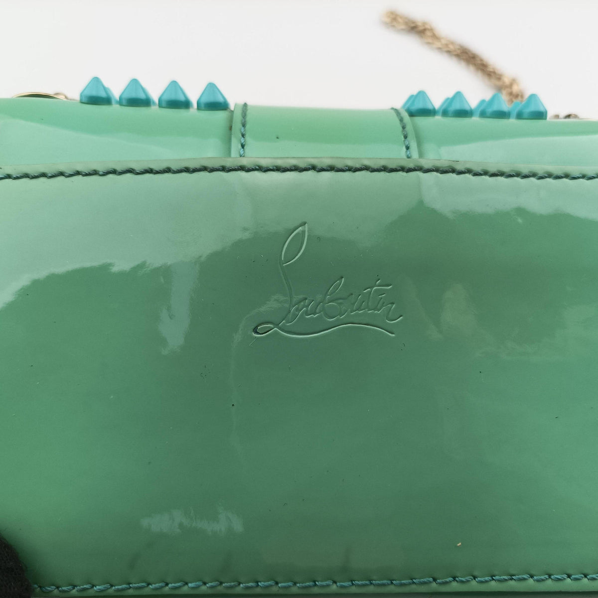 Secondhand Christian Louboutin Sweet Charity Scarabe Spike Green Patent Leather  shoulderbag | stylenewstar