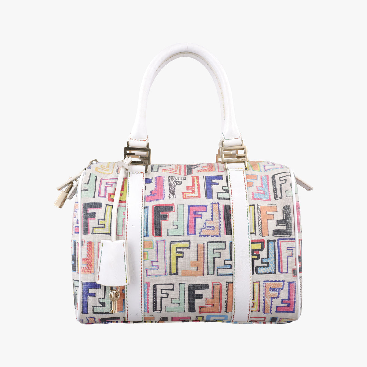 Pre-owned Fendi Zucca Boston White x Multicolor PVC coated canvas 8BL068 handbag | stylenewstar